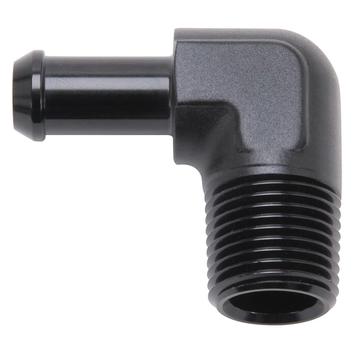 Edelbrock 8169 Pipe to Hose Barb Fitting, 3/8 to 1/2, Black Anodized