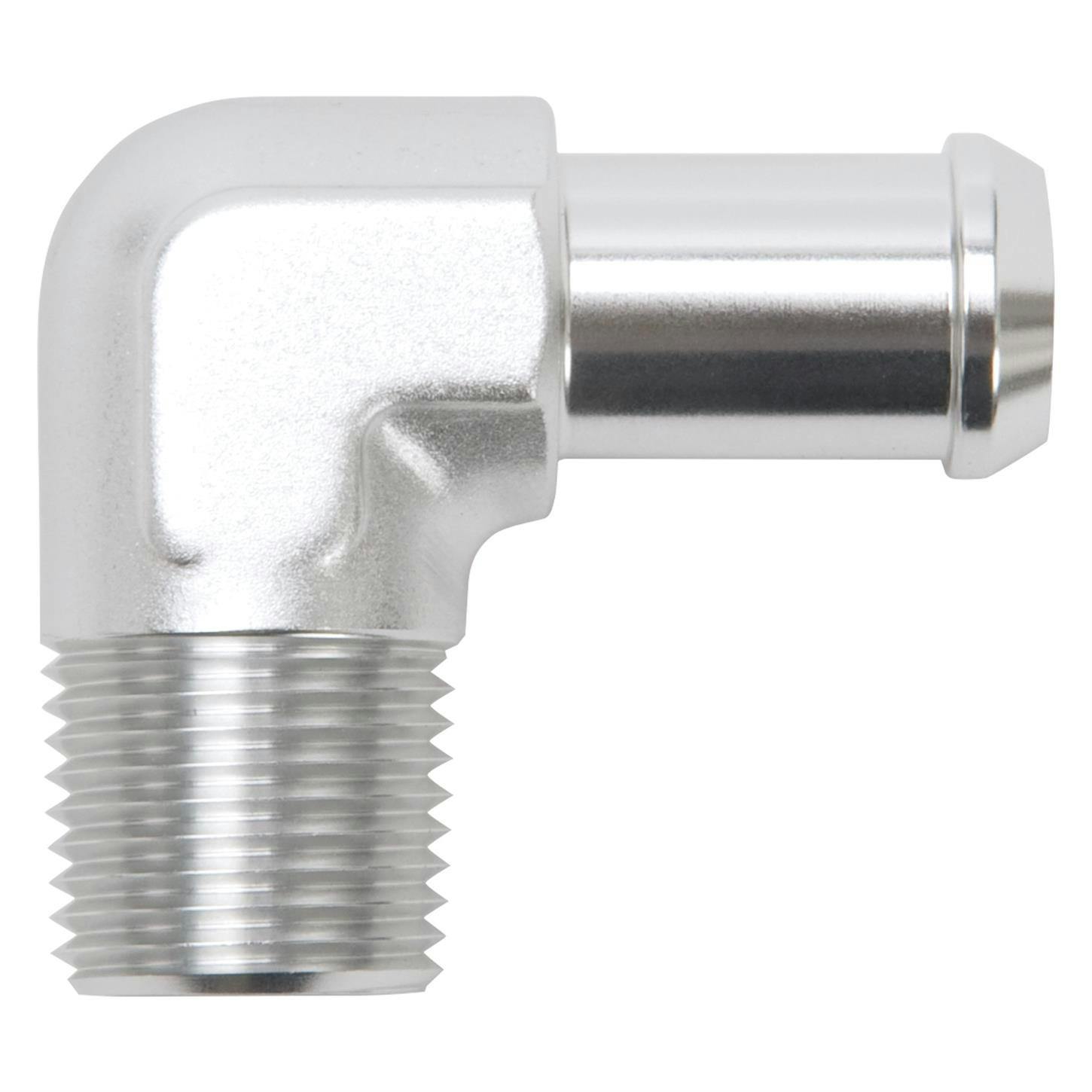 Edelbrock 8179 Pipe to Hose Barb Fitting, 90 Deg, 1/2 in. NPT